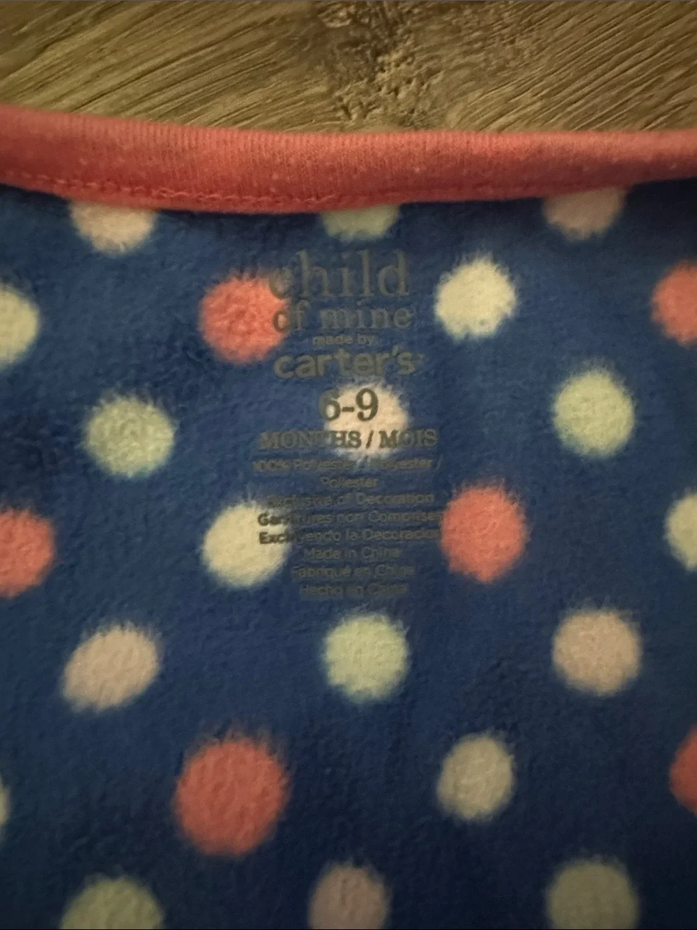 Baby Fleece One-Piece Sleeper in Navy Polka Dot with Coral Elephant